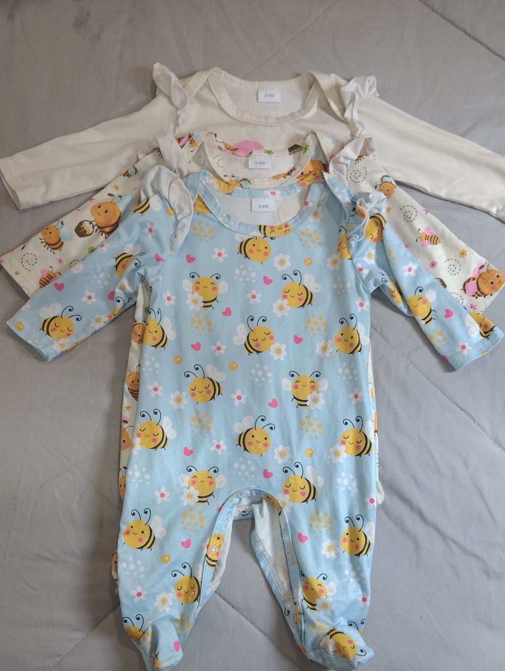 Baby Bee Print Footed Romper - Blue & Yellow